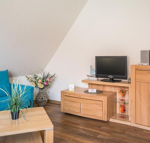 Wohnzimmer mit Sofa und TV-Abendrot Whg. 4 - Ferienhaus / Ferienwohnung Büsum - 2