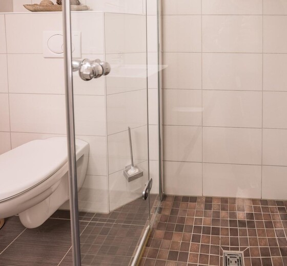 Badezimmer mit Toilette und Dusche-Ferienwohnung Keyser 2.0 - Ferienhaus / Ferienwohnung Büsum -  13